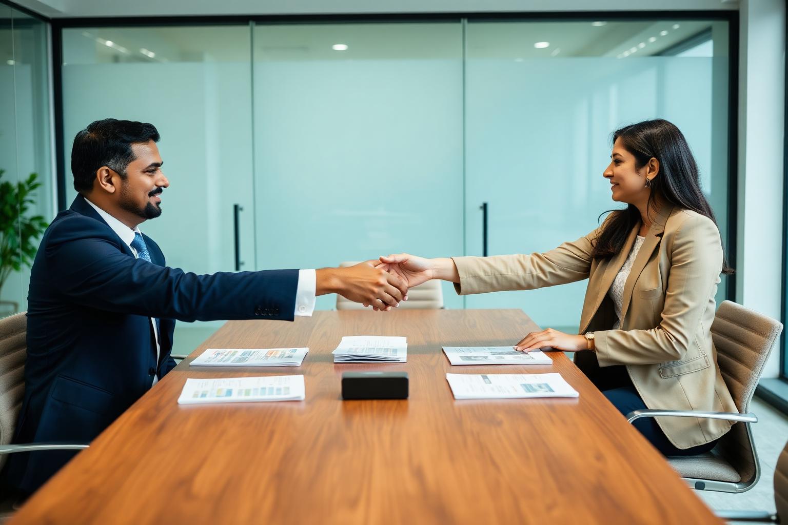 Bank manager and collection agency executive finalising a collection partnership in a meeting room