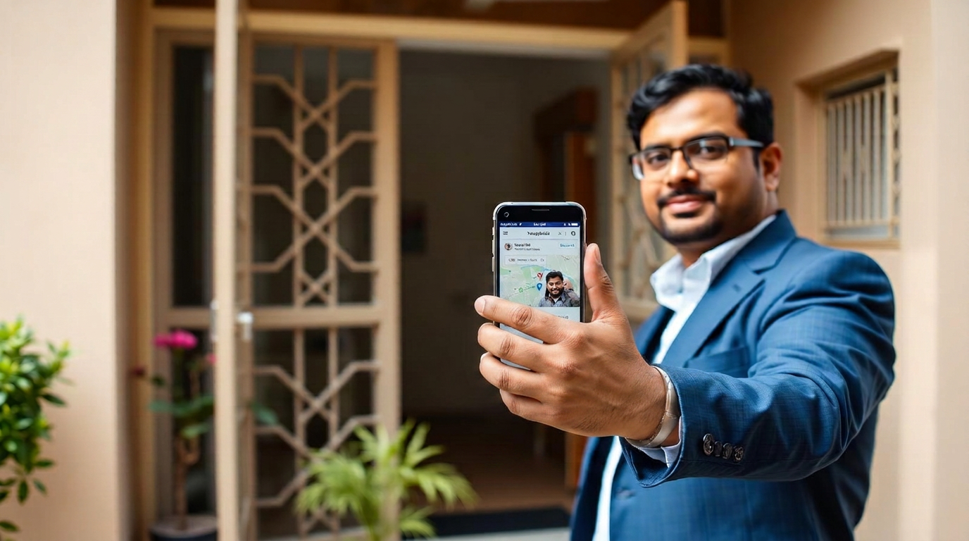 Field officer submitting a location-stamped visit report from a customer doorstep