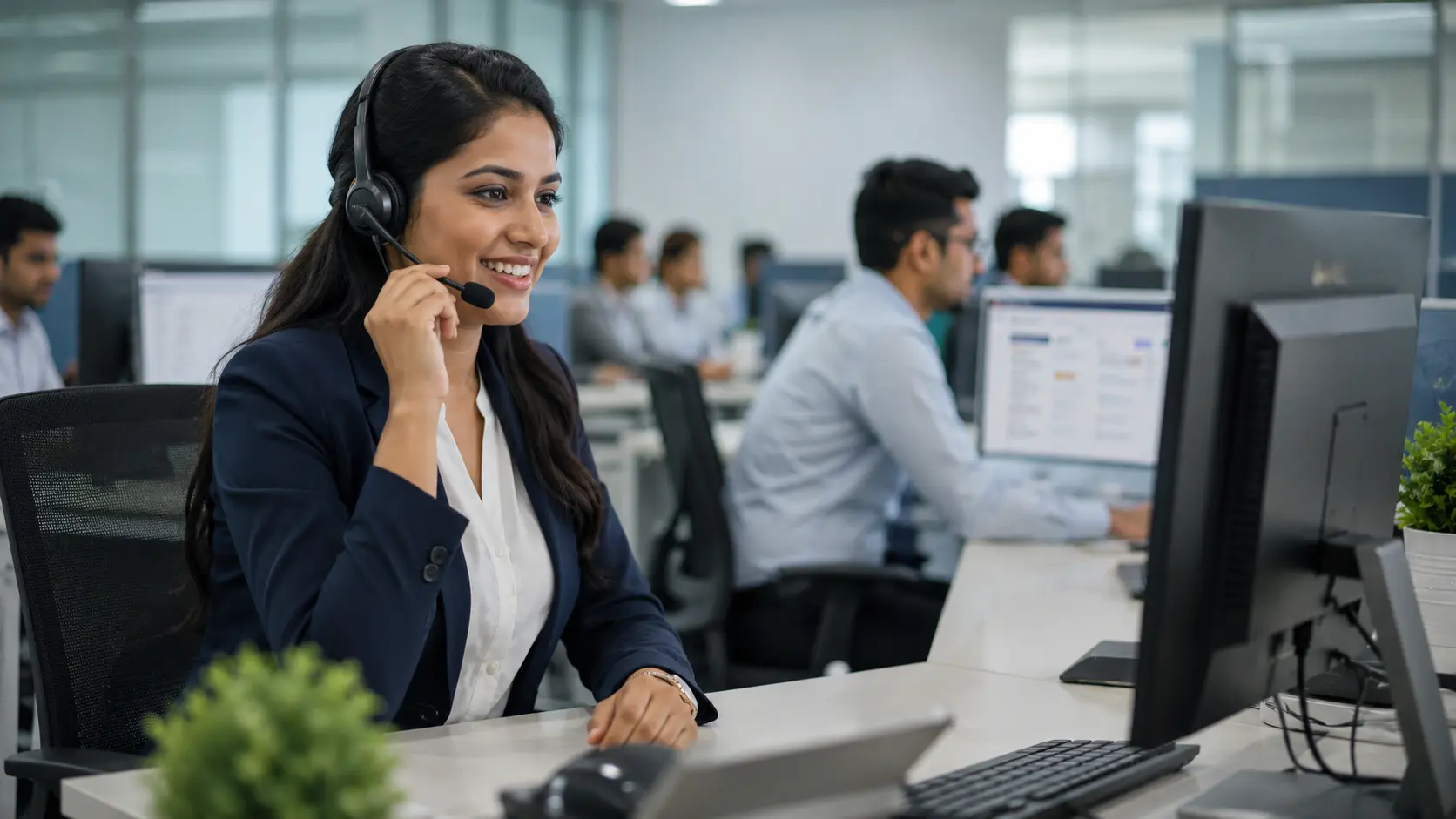 Telecalling executive speaking with a customer at the Ahmedabad office