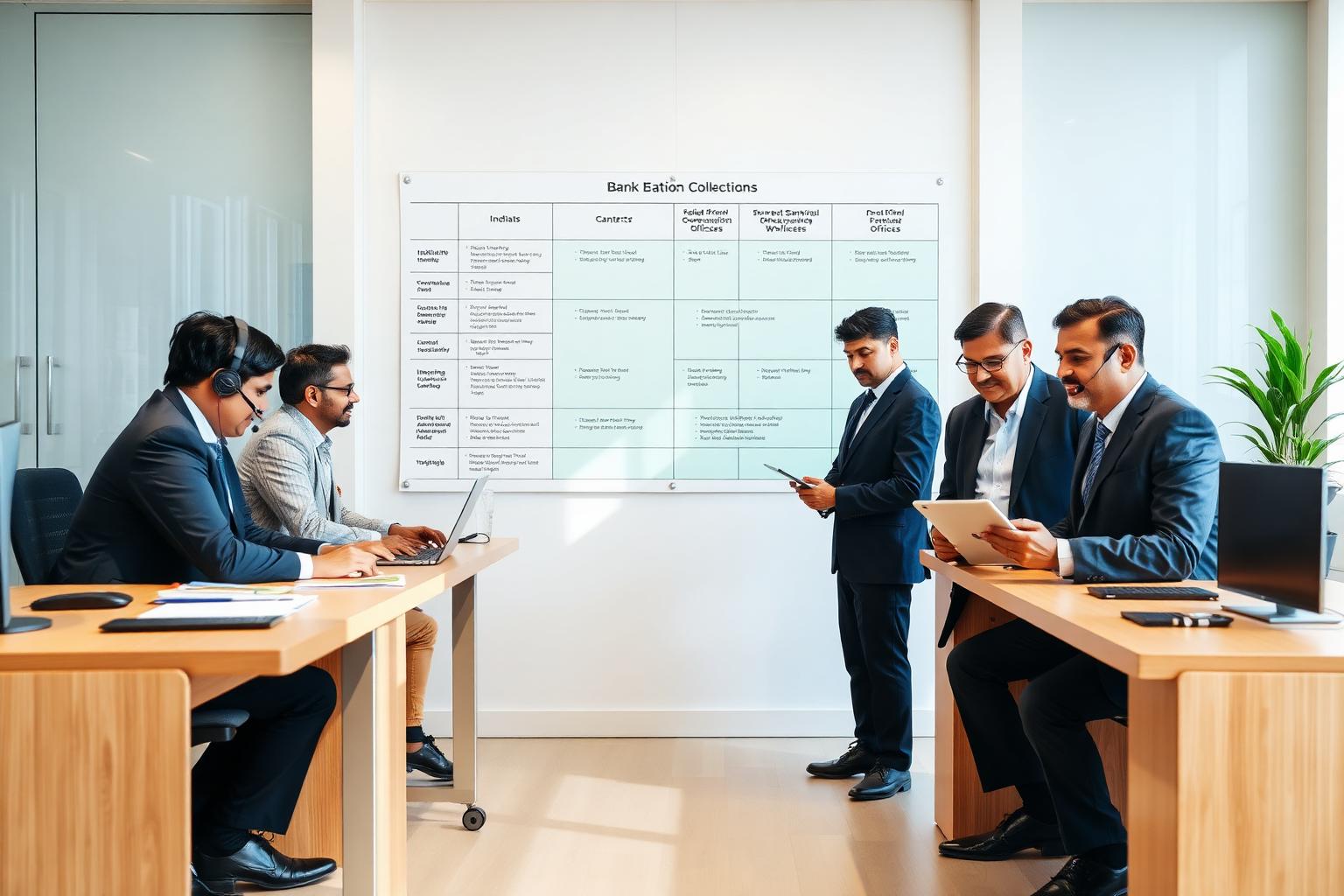 In-house telecalling team and outsourced field collection officers compared on an office planning board